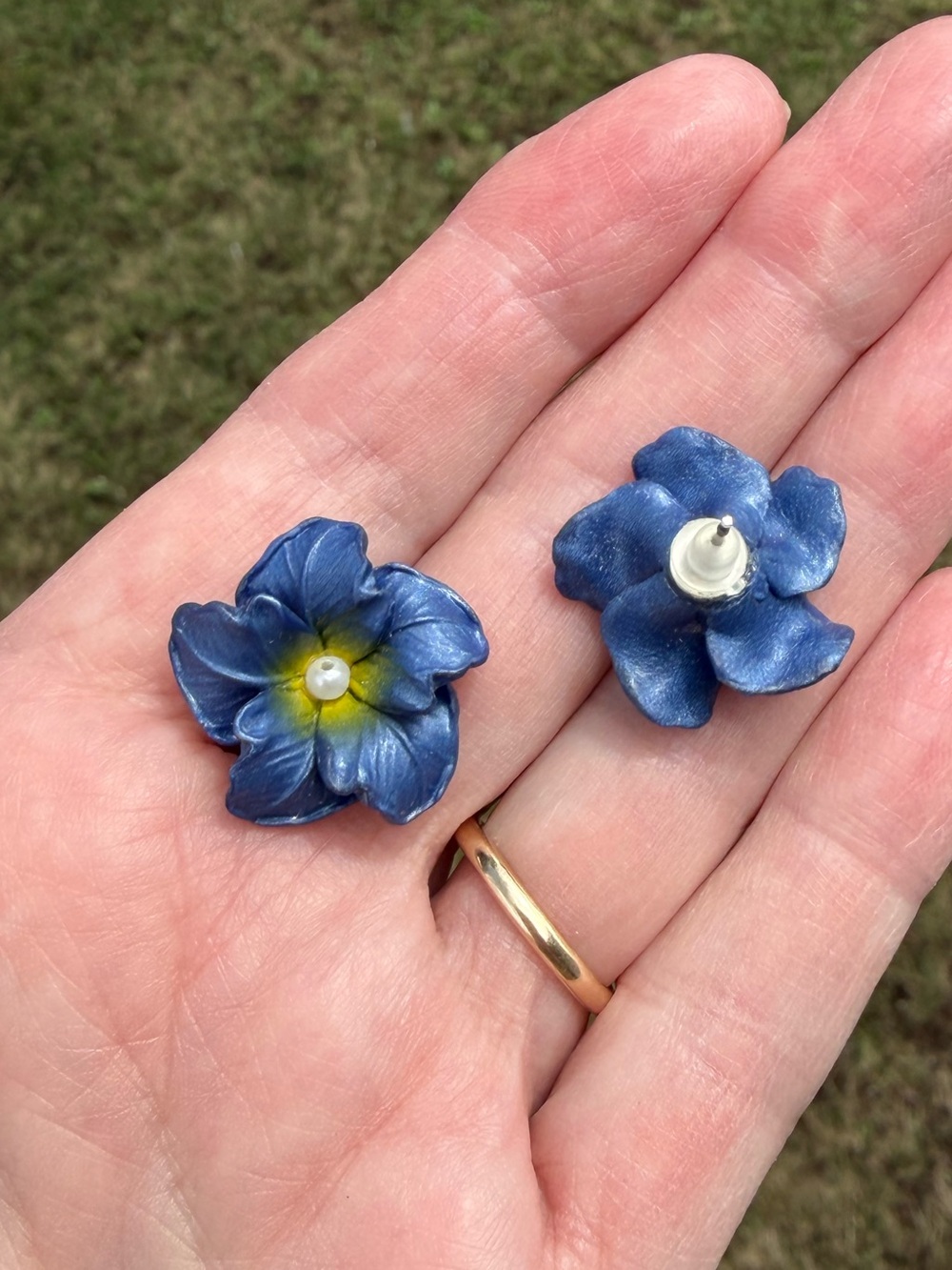 Navy Floral Stud Earrings - Picture 2 of 5